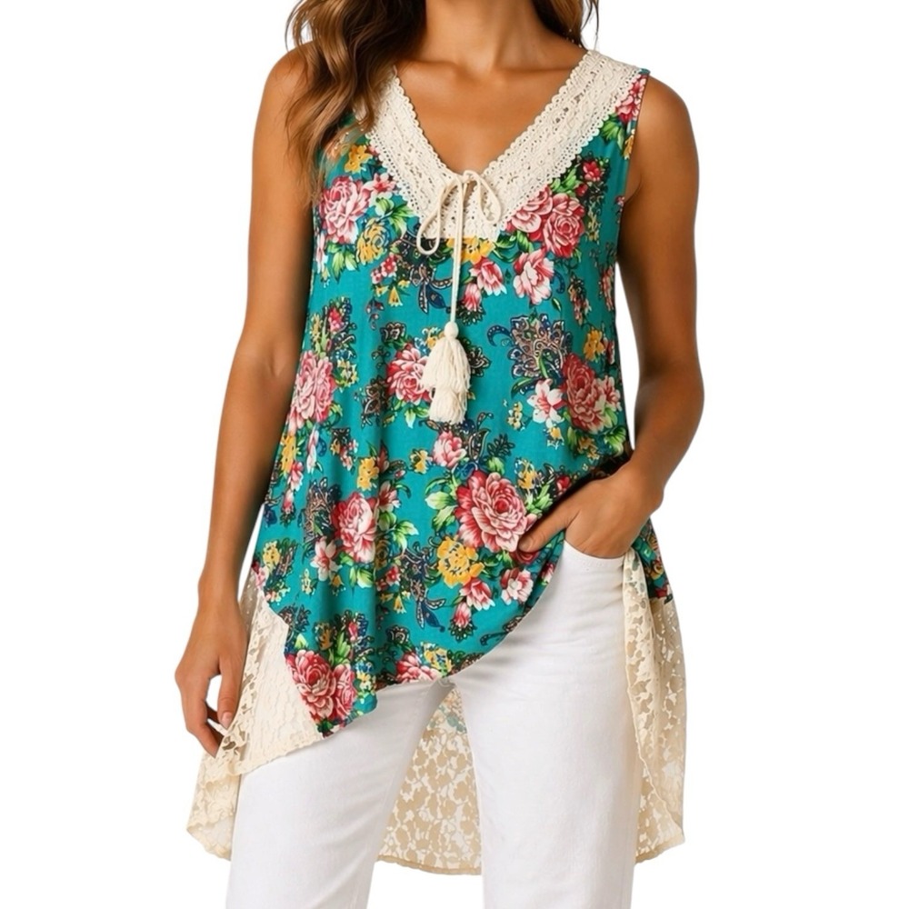 UMGEE Tunic Top sz L Teal Floral Lace Trim High Low Sleeveless Boho Cottagecore